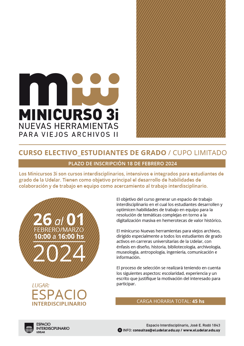 Afiche mini curso nuevas herramientas para viejos archivos. Fondo blanco sobre letras marrones y negras. 