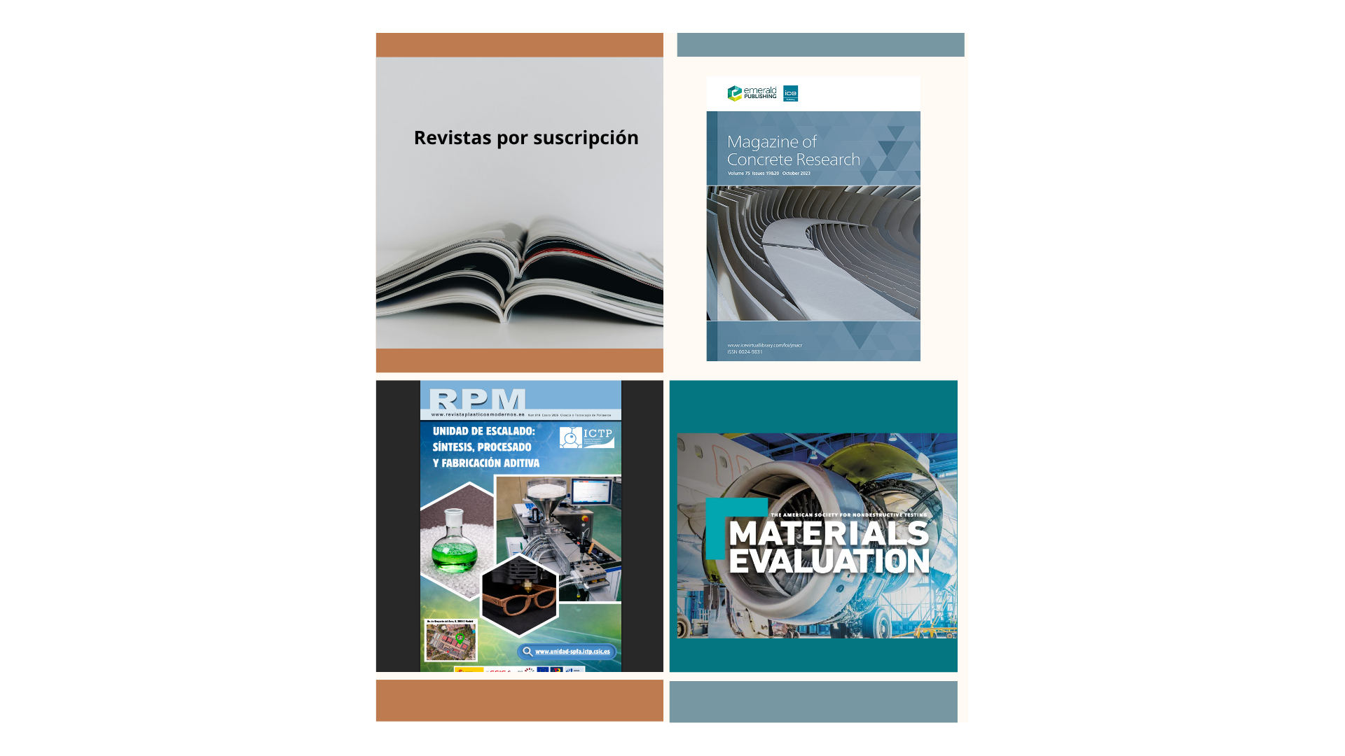 Revistas que tiene el Instituto por Suscripción. Tratan de Plásticos, Concreto y Evaluación de Materiales